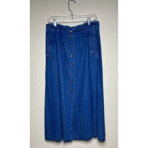 VTG Mountain Lake Denim Skirt Womens 18 Blue Jean Button Front A-Line Modest